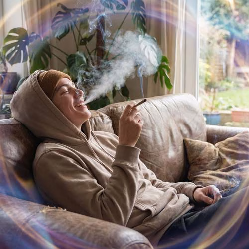 Man Smoking a Marijuana Joint Smiling and Feeling Euphoric on the Couch